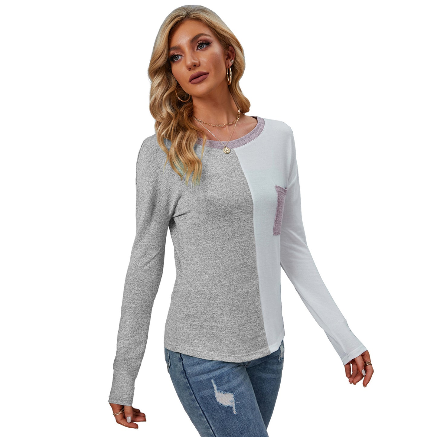 Long Sleeve Patchwork Round Neck Casual Loose Top T Shirt