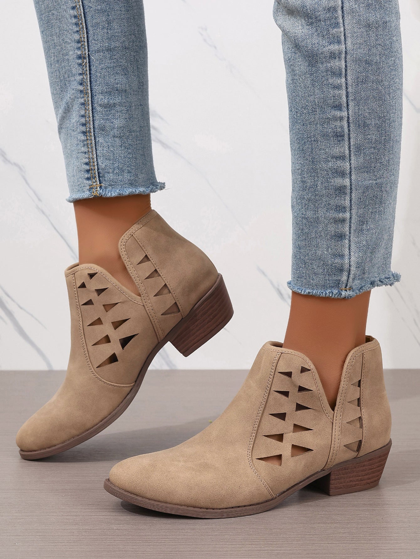 Hollow Out Cutout Chunky Heel Round Toe Daily Ankle Boots