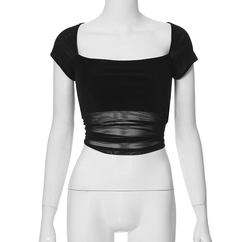 Mesh See Through Stitching Short Sleeve Bottoming Top
