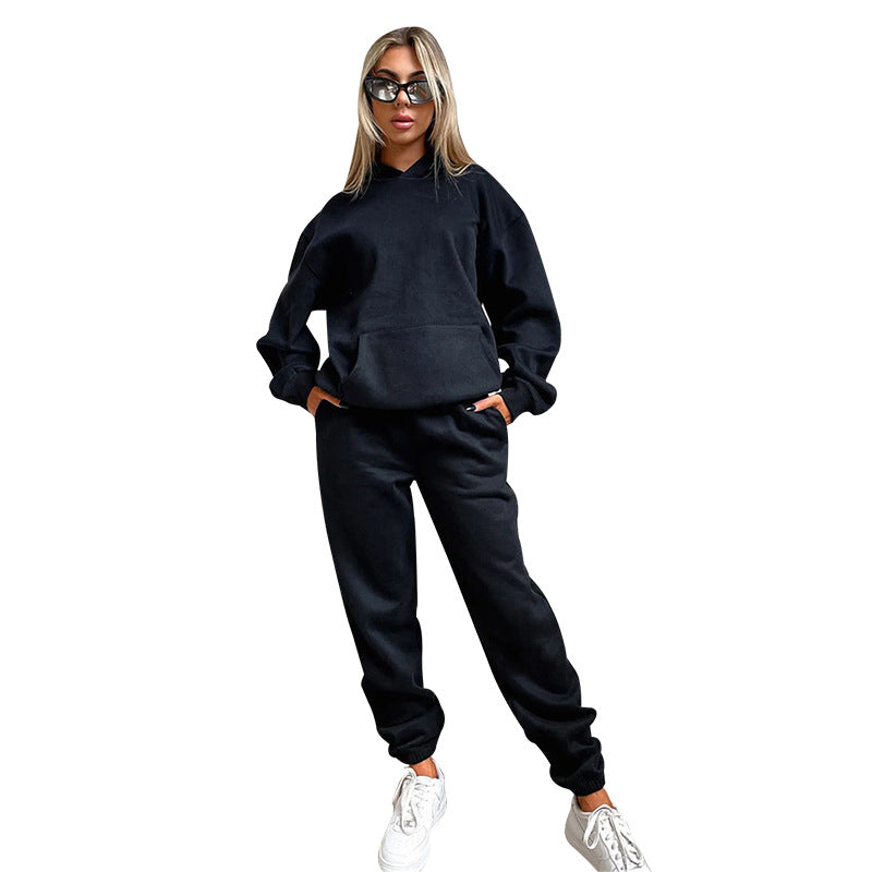 Solid Color Long Sleeve Hooded Fleece Lined Sweater Trousers Set