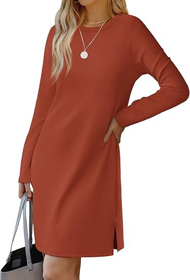 Round Neck Slit Hemline At Hem Sweater Long Sleeve Casual Dress