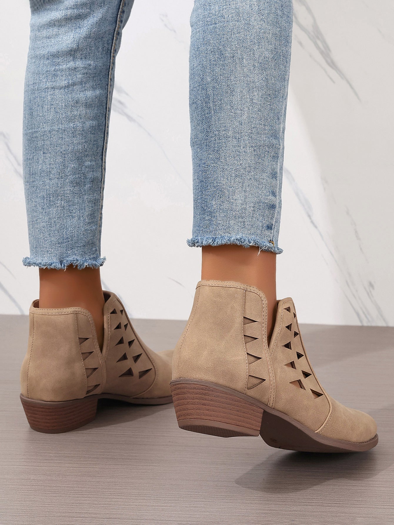 Hollow Out Cutout Chunky Heel Round Toe Daily Ankle Boots