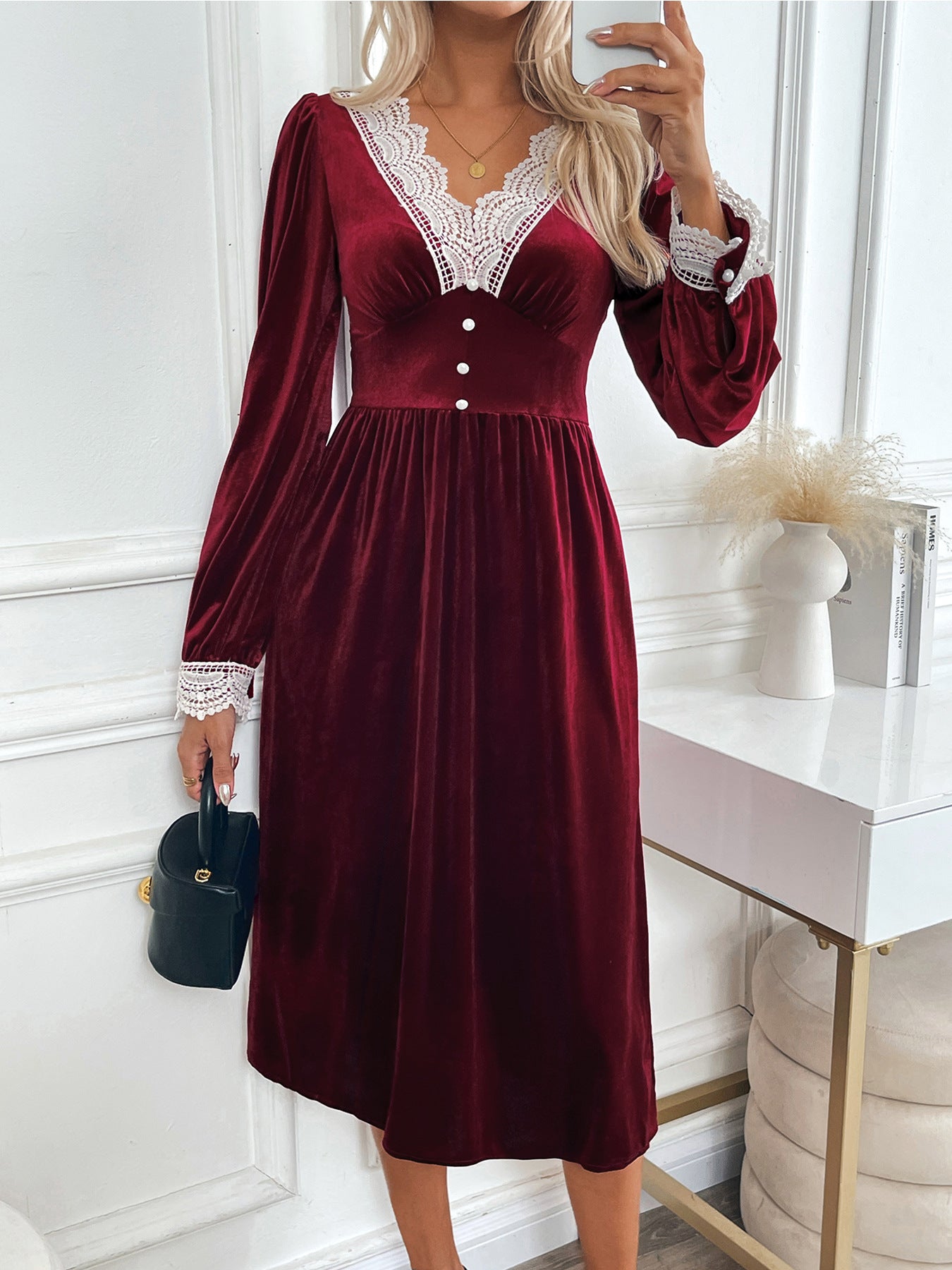 Velvet Lace Stitching Contrast Color Dress