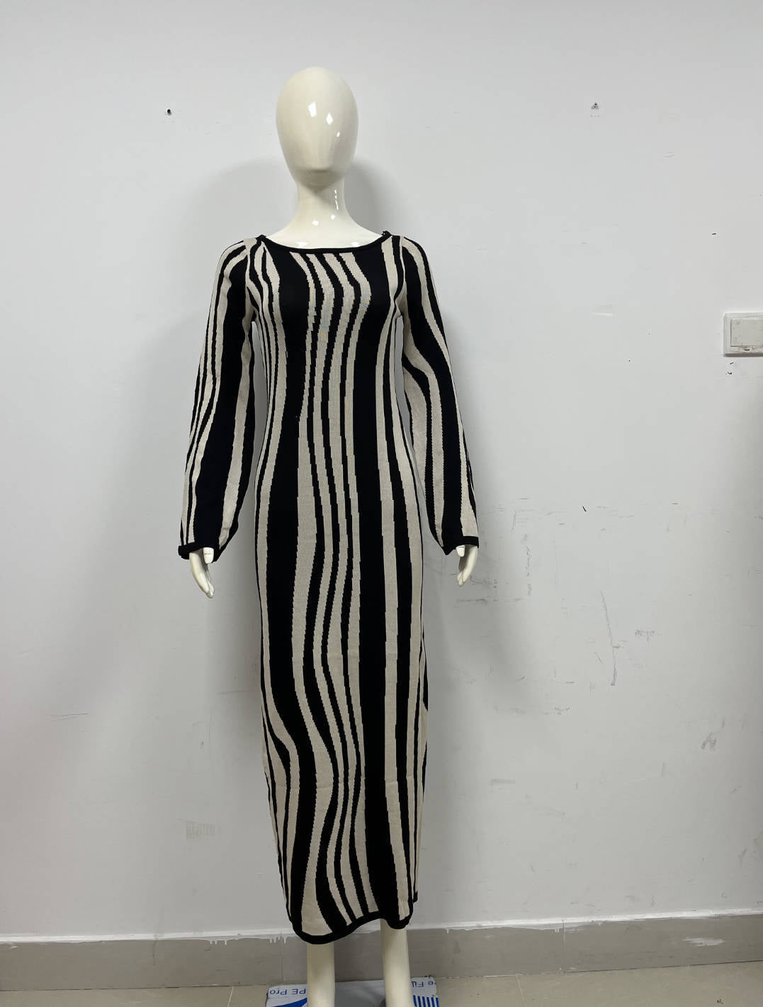 Autumn Winter Round Neck Flared Sleeves Vertical Stripes Slim Maxi Dress