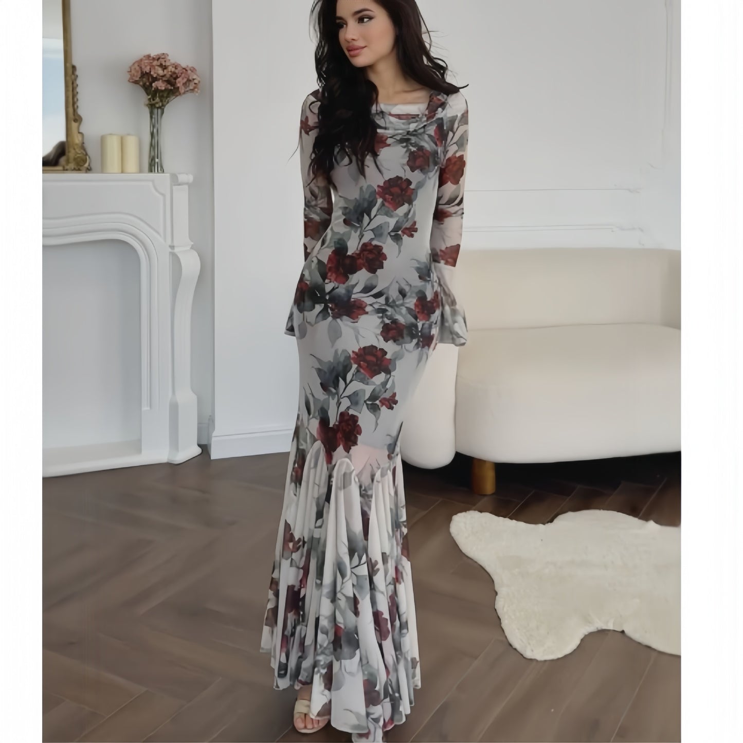 Romantic French Floral Print Long Sleeve Maxi Dress