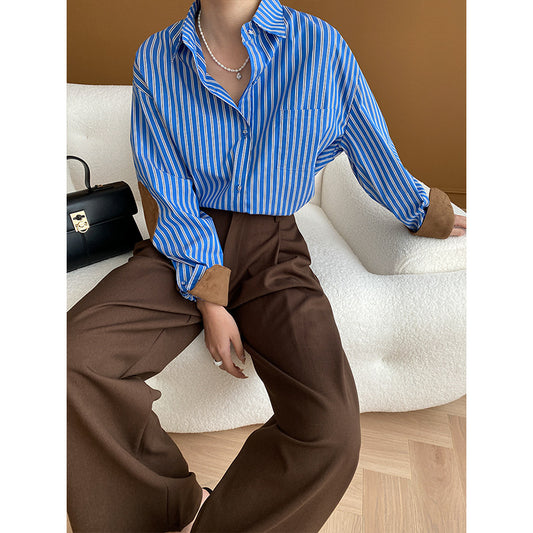 Suede Stitching Vertical Striped Loose Shirt