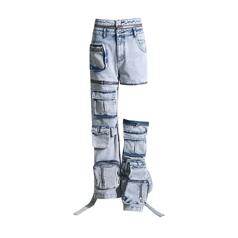 Patchwork Pocket Deconstructed High Waist Straight Jeans