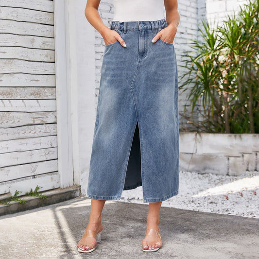 Washed Elastic Waist Split Denim Skirt