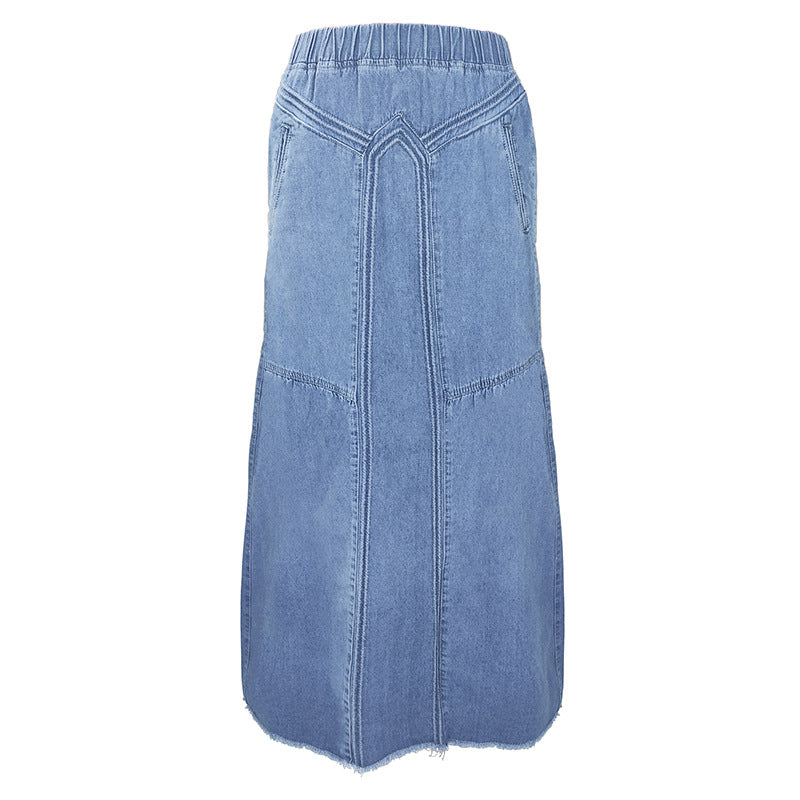 Denim Binding Tape Brushed Elastic High Waist Simple All Match Long Skirt