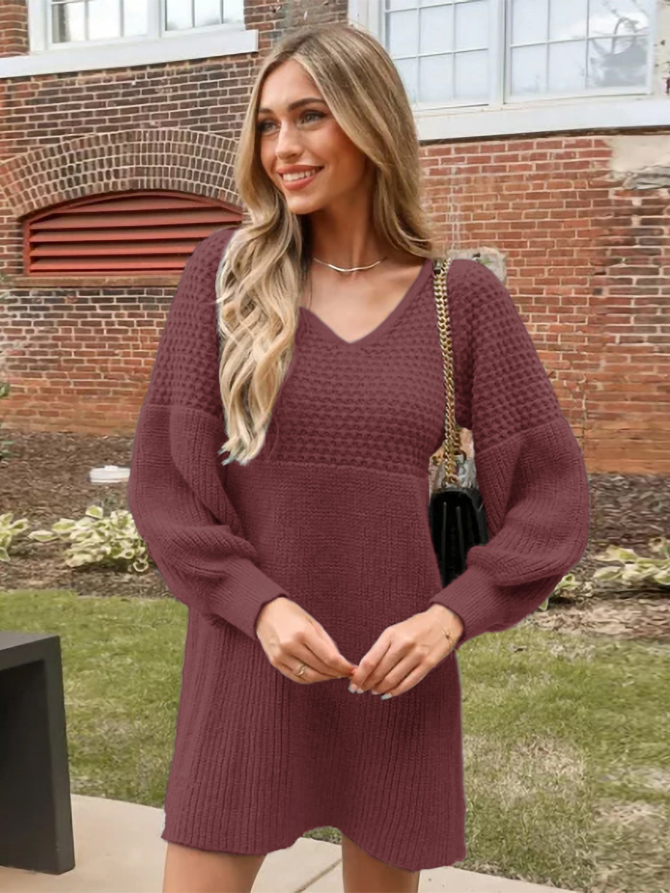 V Neck Lantern Sleeve Solid Color Woolen Dress