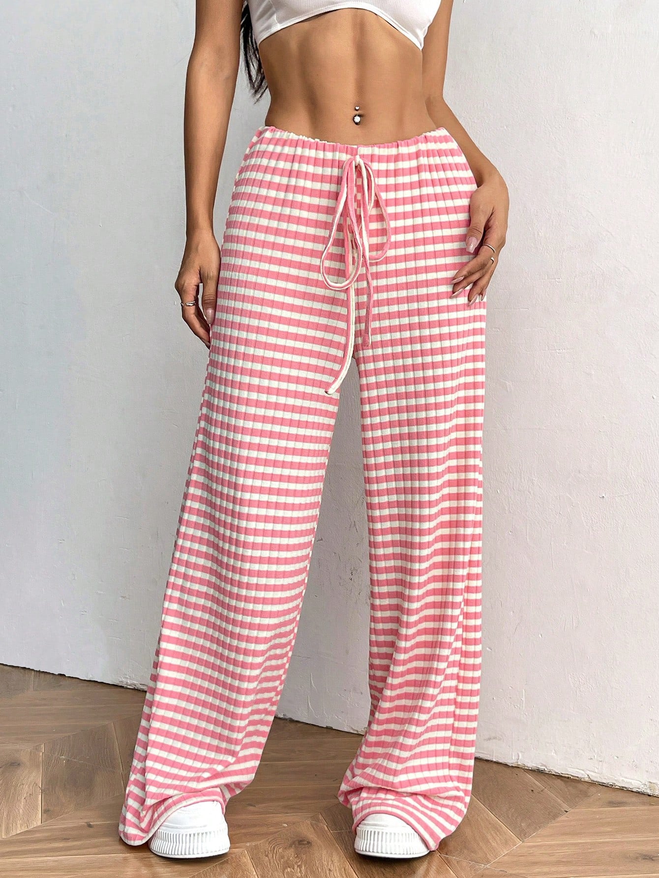 Striped Rubber Band Drawstring Straight Leg Pants