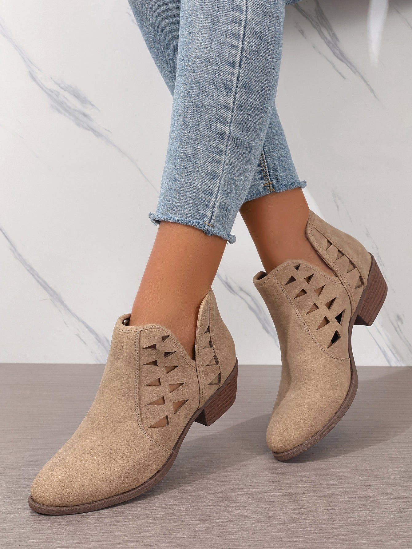 Hollow Out Cutout Chunky Heel Round Toe Daily Ankle Boots