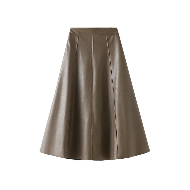 Retro Hong Kong Leather High Waist Mid-Length A- line Sheath Umbrella Skirt