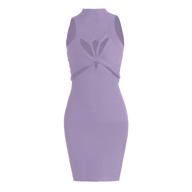 Sexy Sleeveless Elegant Design Hollow Out Cutout Twist Slim Fit Slimming Knitted Dress