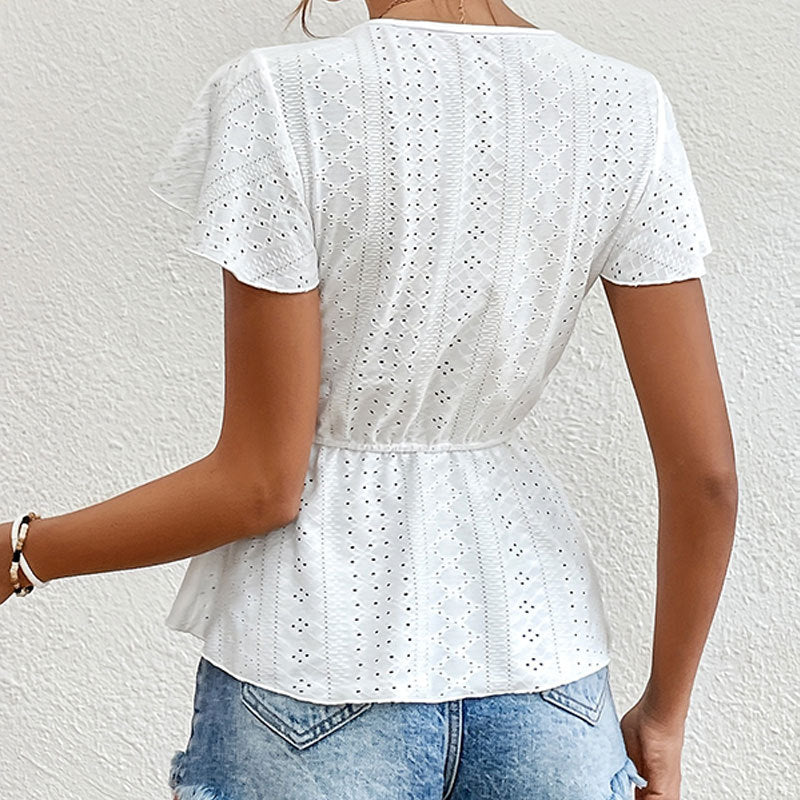 Knitted Jacquard Hollow Out Lace Trim See Through V Neck Short Sleeved T Shirt Top