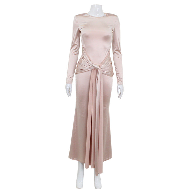 Elegant Long Sleeve Tied Waist Slimming Satin Maxi Dress