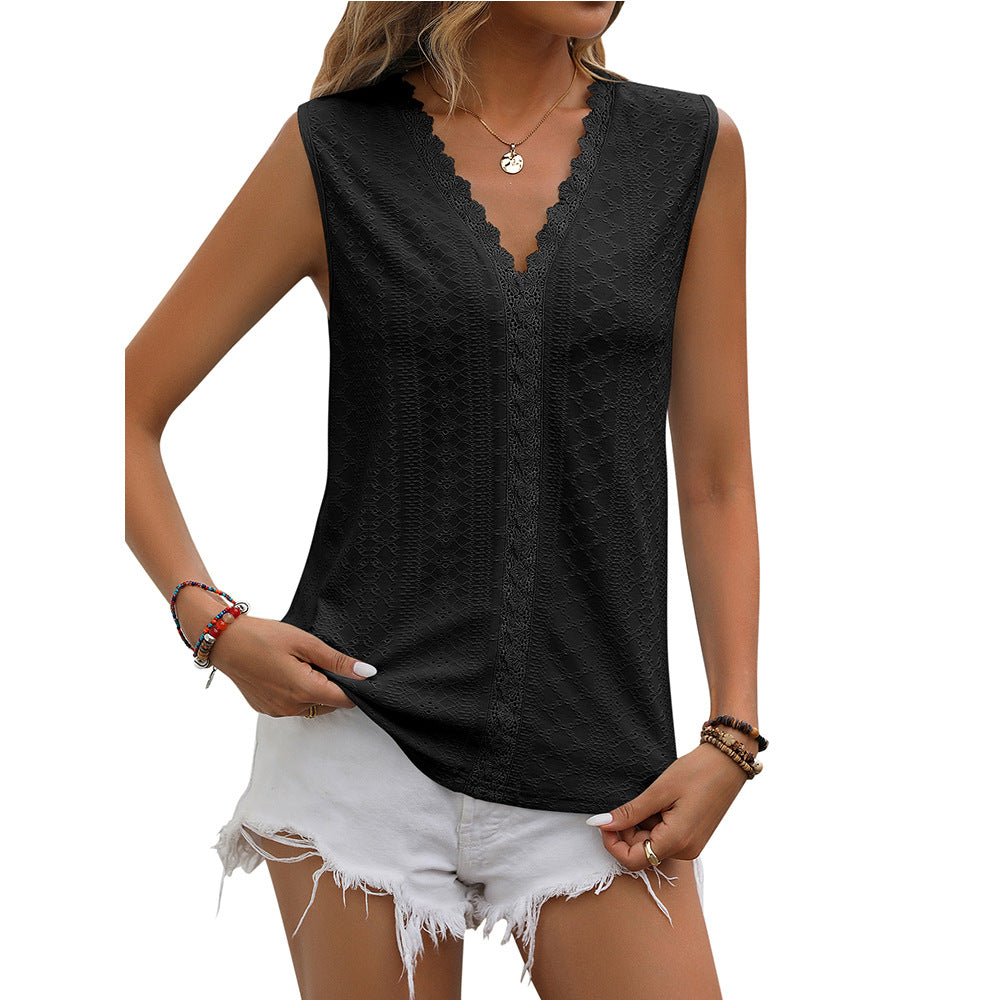 Solid Color Hole Mesh V neck Sleeveless Vest