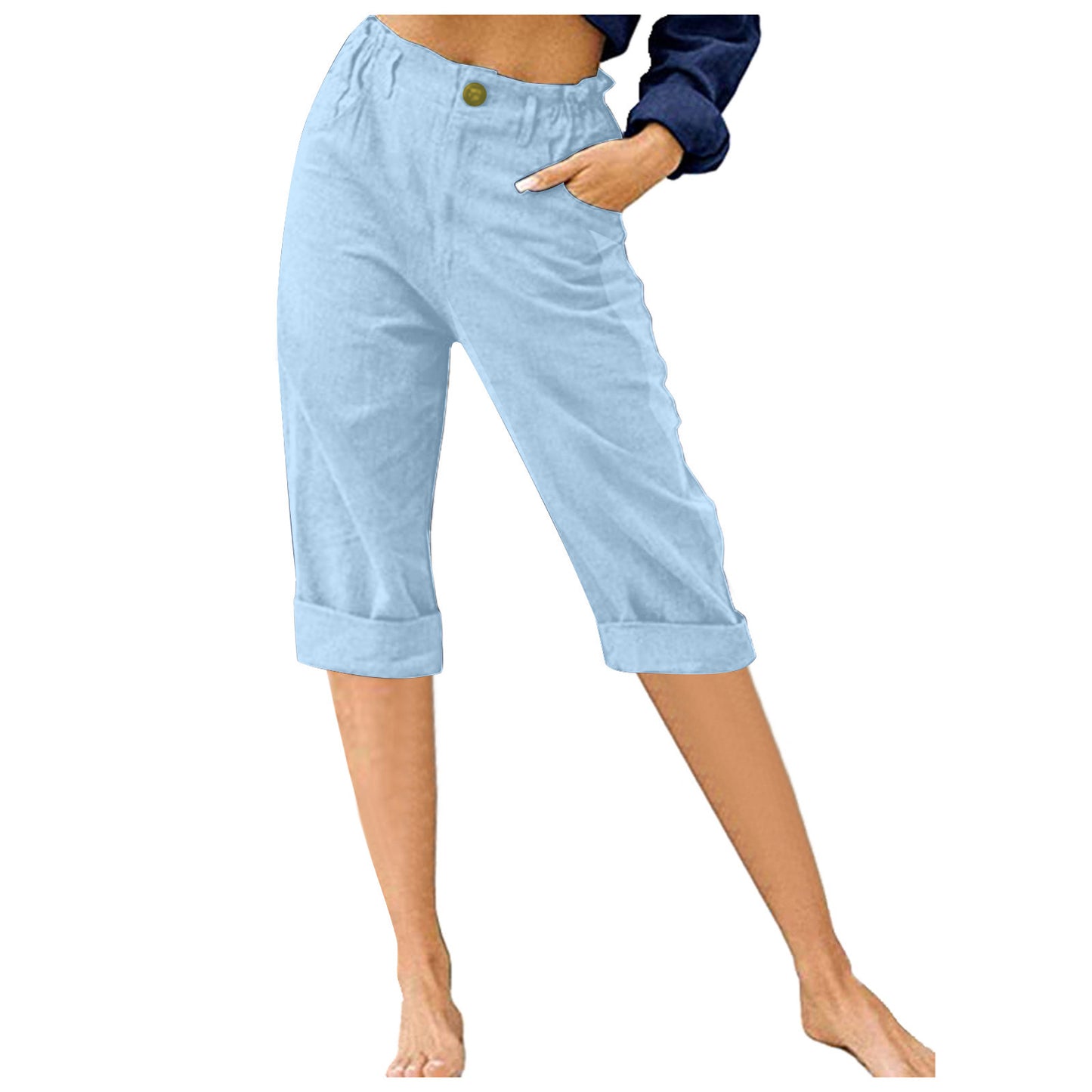 Cropped Solid Color Cotton Linen Loose High Waist Casual Pants