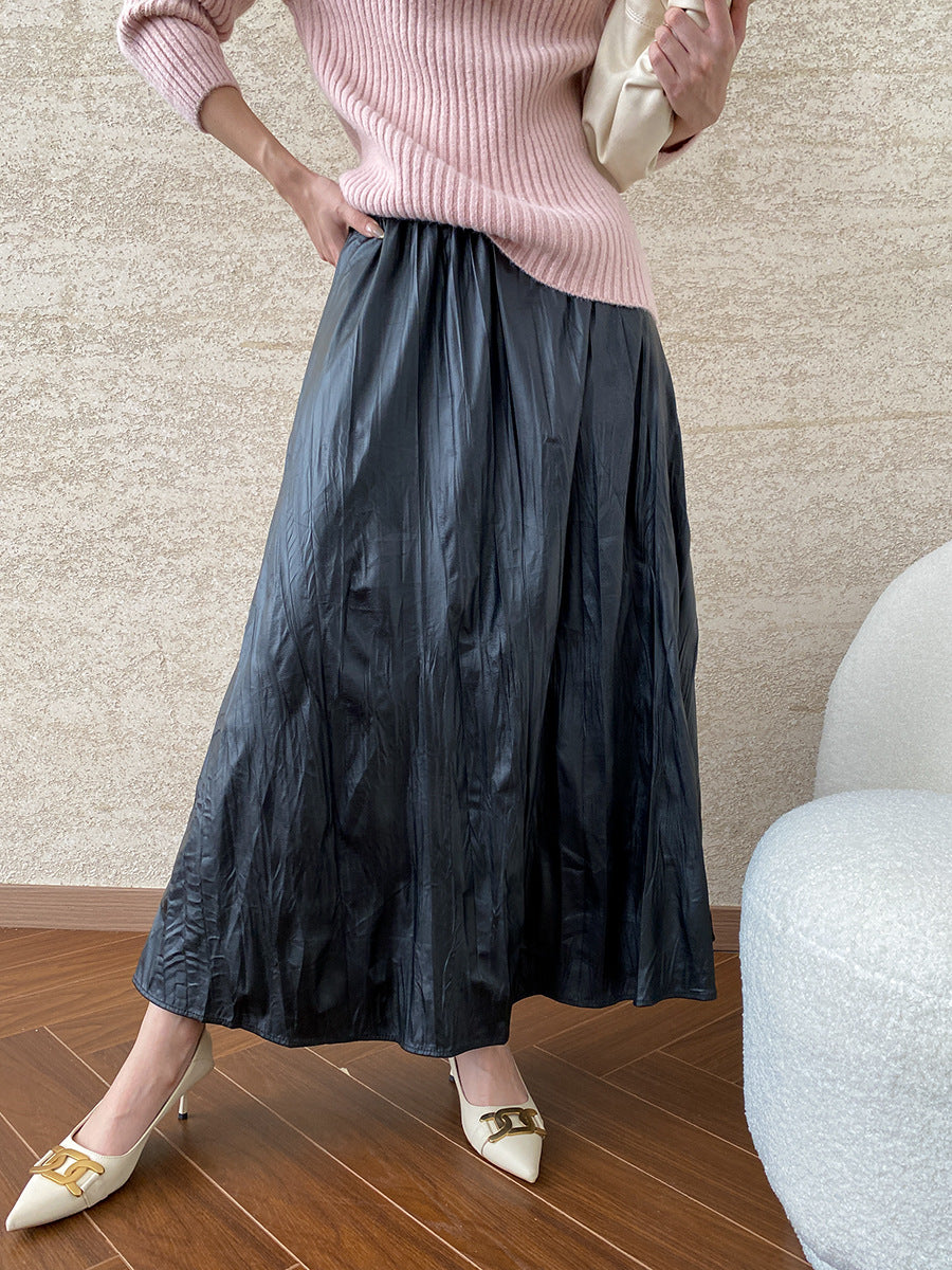 Vintage Pleated Texture Elastic High Waist Faux Leather Skirt