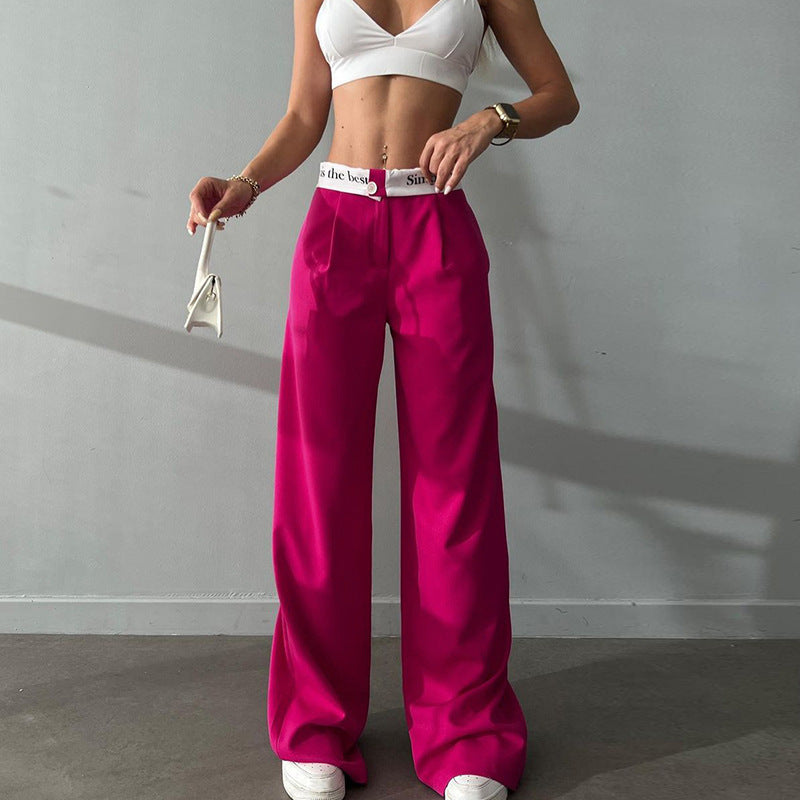 High Waist Straight Printed Contrast Color Work Pants