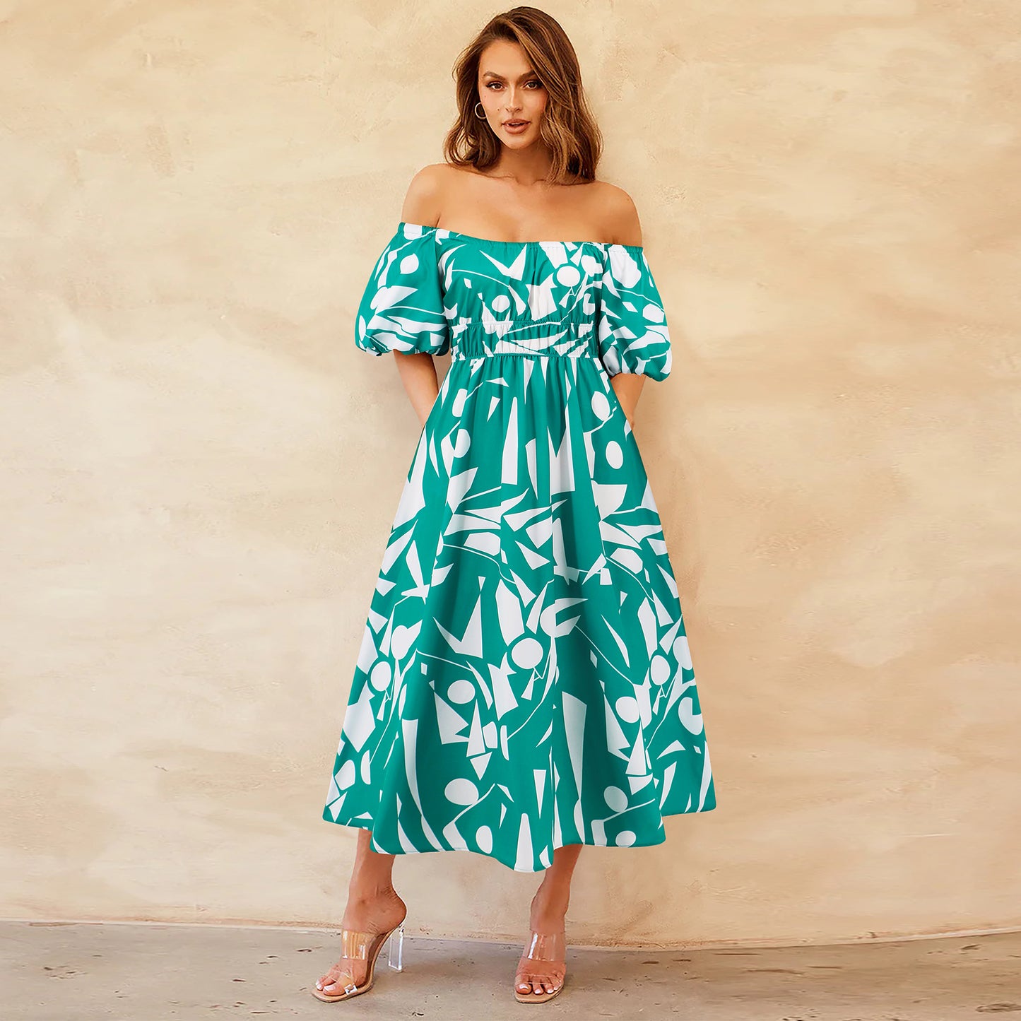 Sexy Off Neck Puff Sleeve Printed Dress