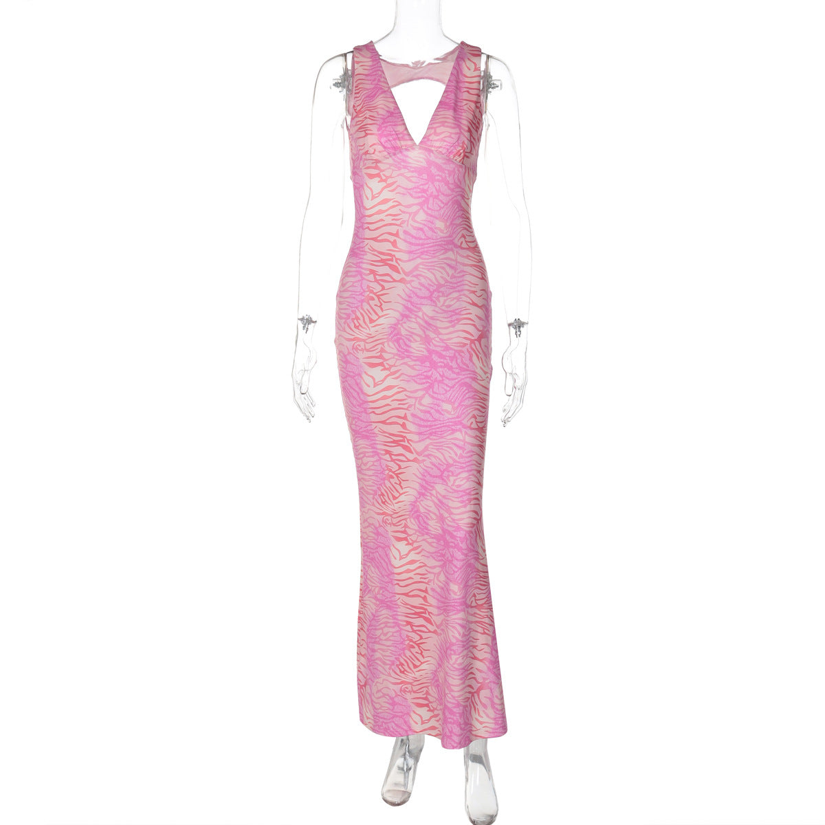 Sexy V Neck Hollow Out Backless Pink Printing Elegant Street Maxi Dress