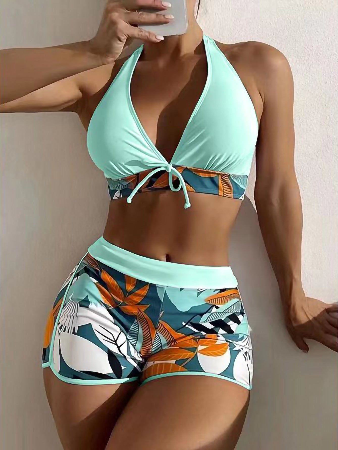 Split hoge taille boxer kant afdrukken effen kleur stiksel bikini