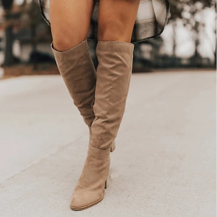 Suede Chunky Heel Pointed Toe Side Zip Solid Color Knight Boots