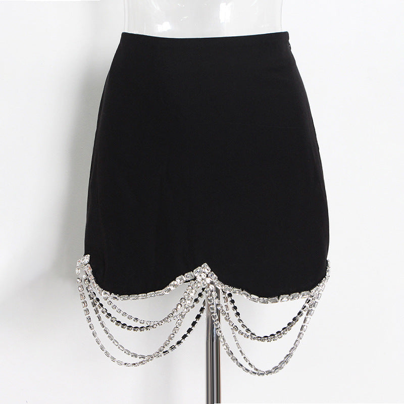Autumn Rhinestone Chain Stitching Black Short Sheath Slim Skirt Set