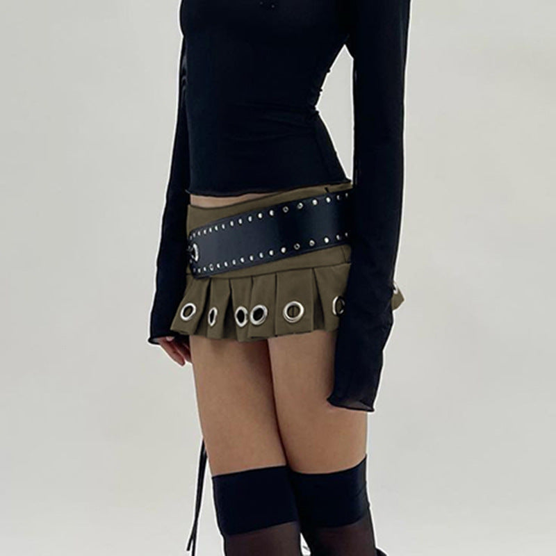 Falda plisada sexy de punk callejero con cinturón grande de cuero con cordones