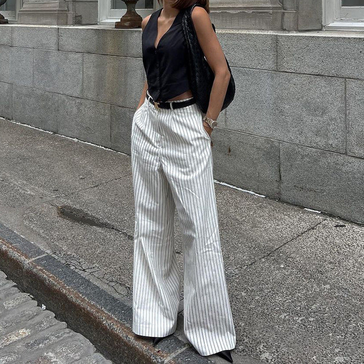 Retro Simple Black White Striped Wide Leg Pants