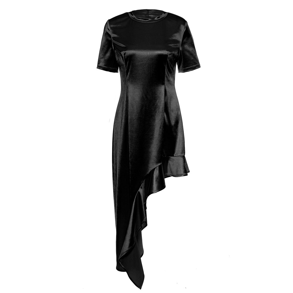 Unregelmäßiges asymmetrisches Kleid mit Rundhalsausschnitt, kurzen Ärmeln und Wellenrüschen