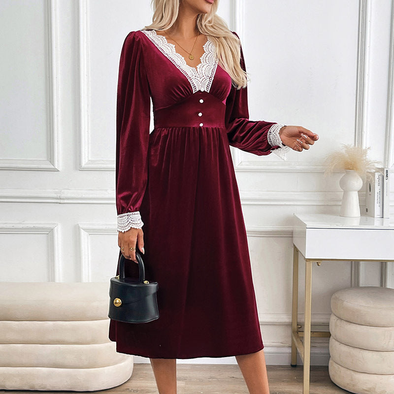 Velvet Lace Stitching Contrast Color Dress