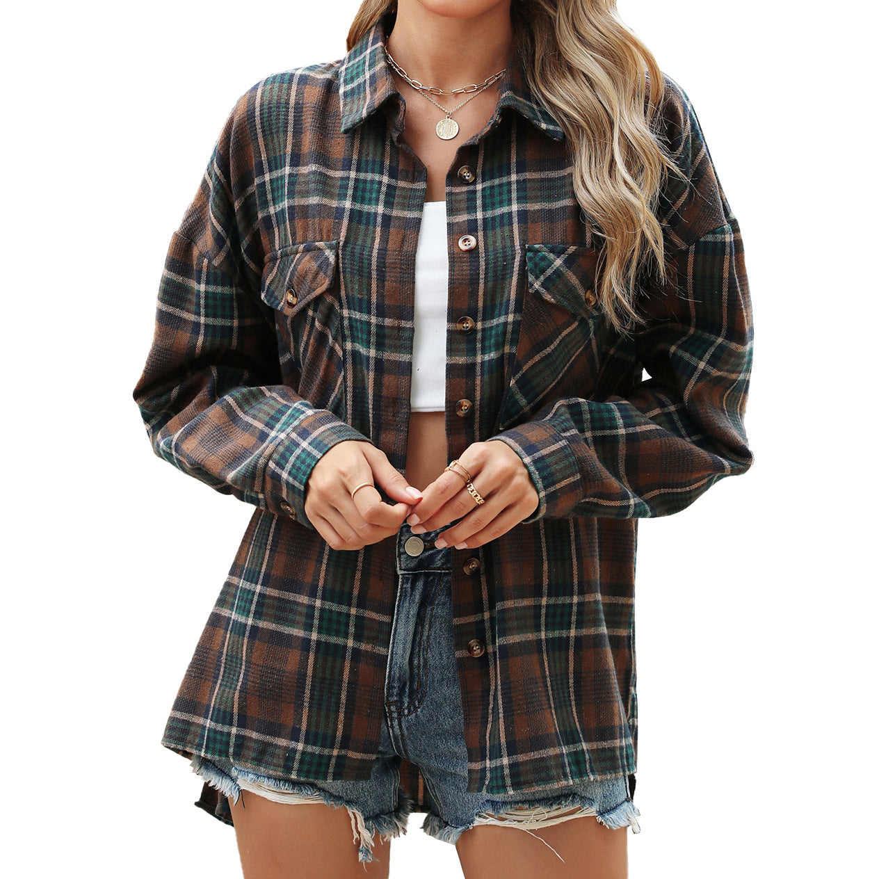 Polo Collar Pocket Loose Long Sleeve Plaid Shirt