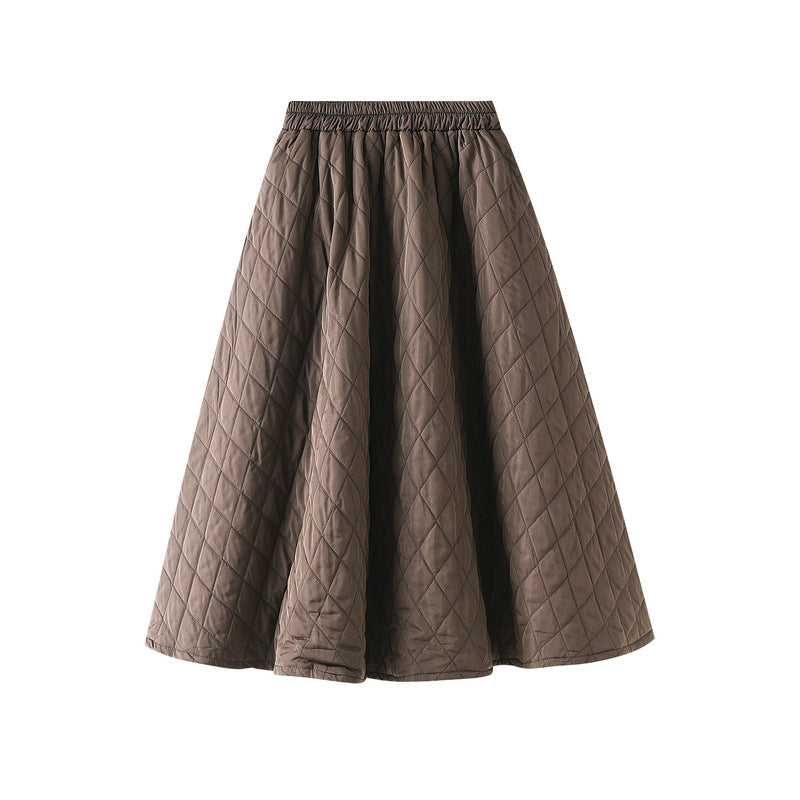 South Korea Elastic Waist Rhombus Woven Quilted A Line Slimming Skirt