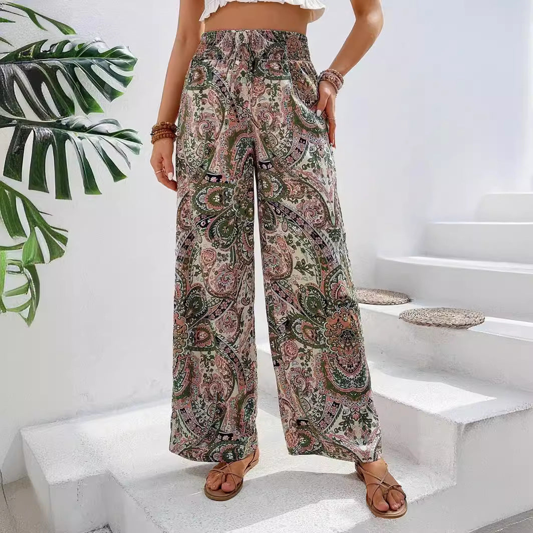 Summer All Match Printed Elastic Waist Wide Leg Pants