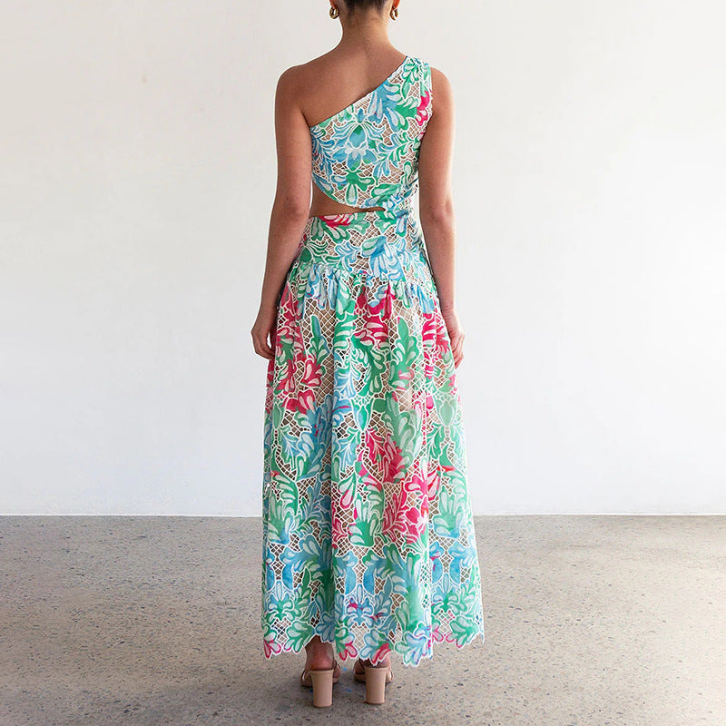 Bohemian One Shoulder Embroidery Floral Waist-Baring Dress