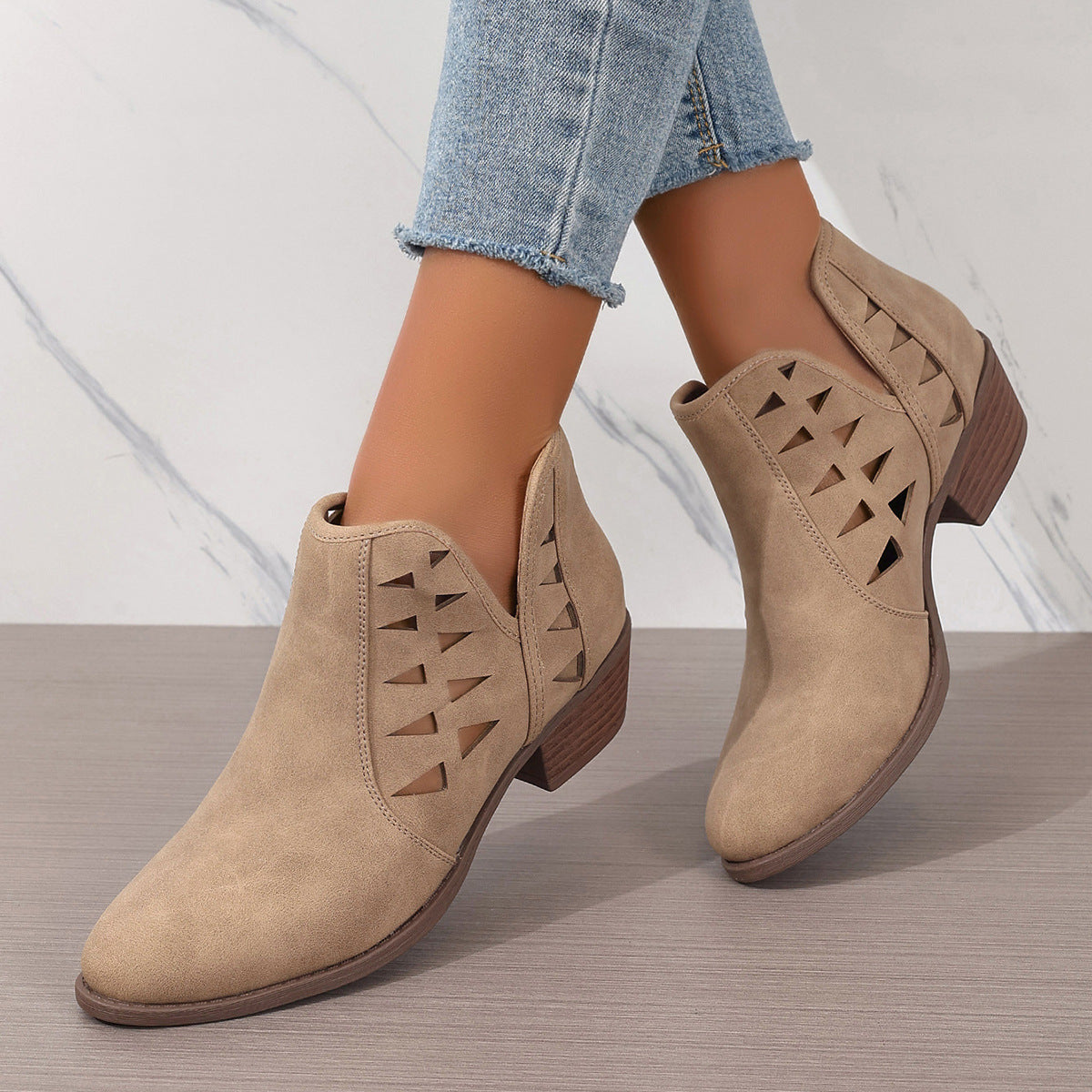 Hollow Out Cutout Chunky Heel Round Toe Daily Ankle Boots