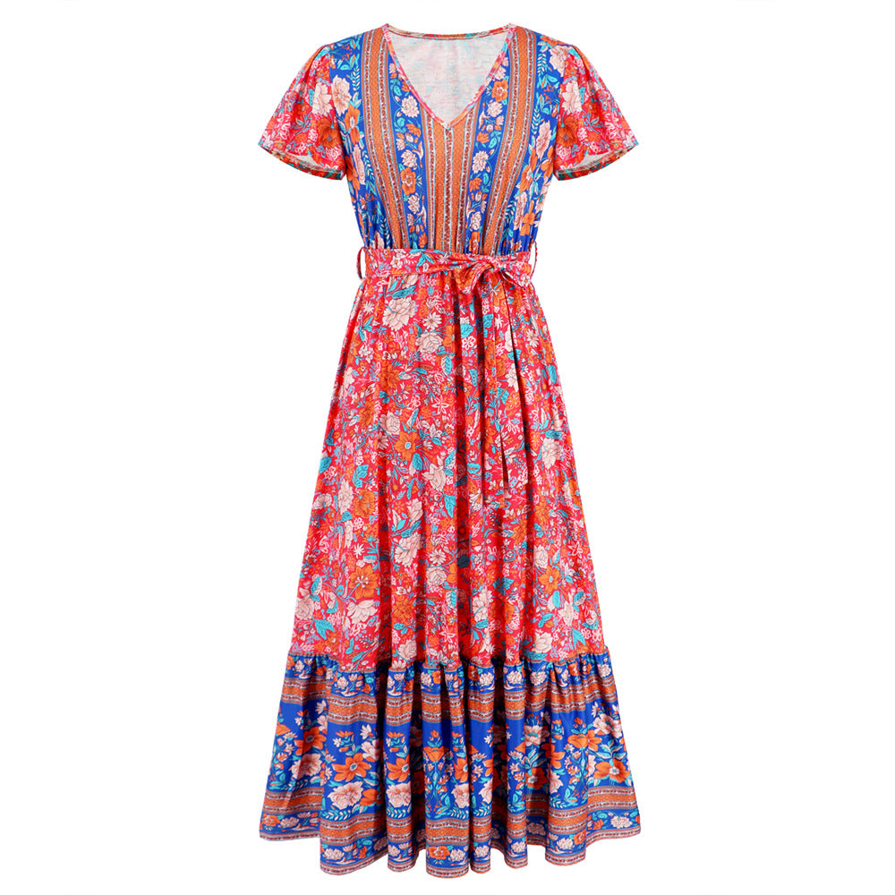Summer V neck Ruffle Sleeve Floral Print Maxi Dress