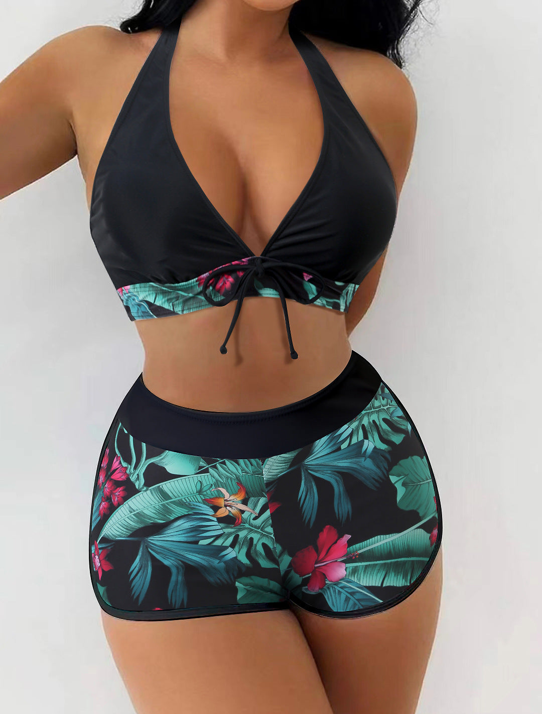 Split High Waist Boxer Lace Printing Solid Color Stitching Bikini