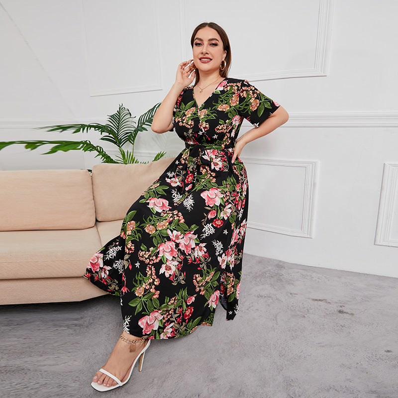 Plus Size High Waist Western V-neck Midi Dress