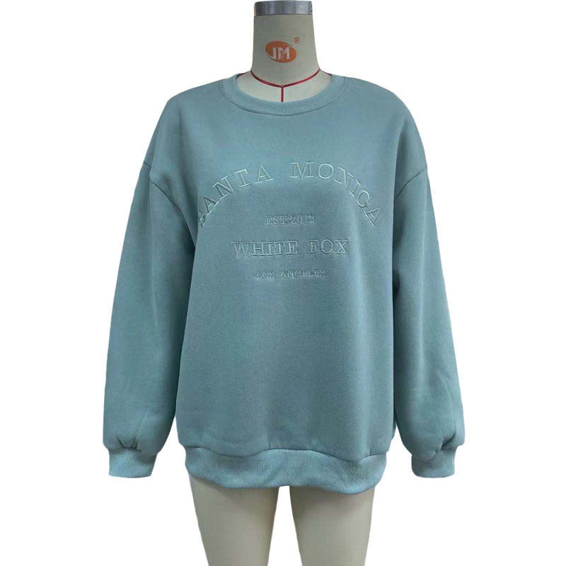 Letter Graphic Embroidery Loose Casual Long Sleeves Fleece Pullover