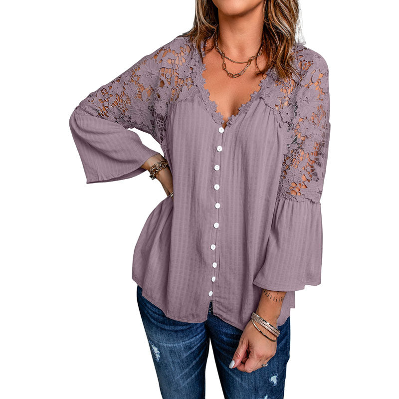 V Neck Single Breasted Long Sleeve Chiffon Shirt