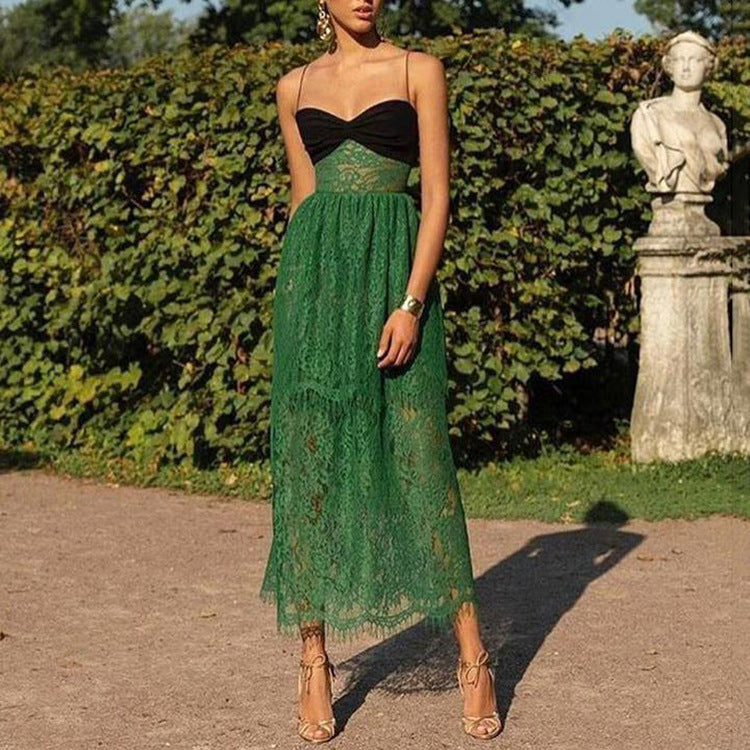 性感蕾丝绿色镂空超长连衣裙