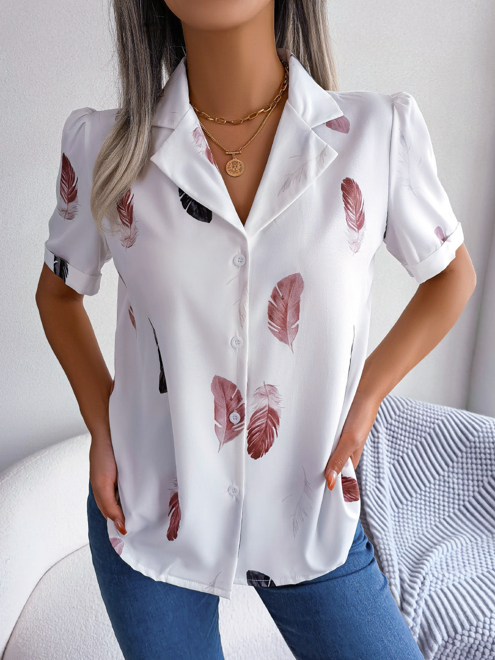 Elegant Collar Feather Loose Short Sleeve Shirt