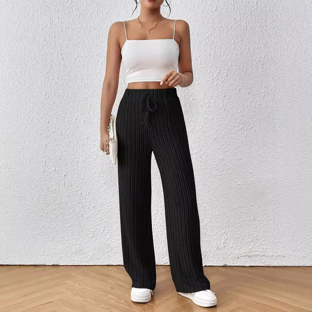 Knot Waist Texture Knitted Wide Leg Elastic High Waist Loose Straight Pants