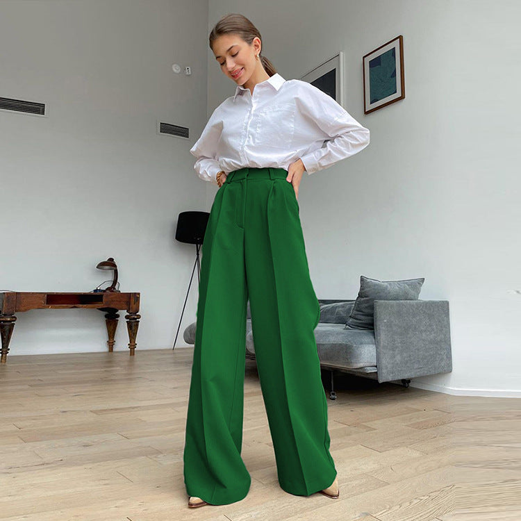 Spring Office High Waist Loose Blue Casual Trousers