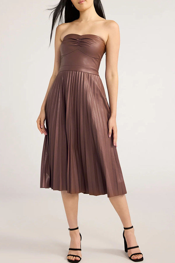 Wrapped Chest Pleated Leather Dress