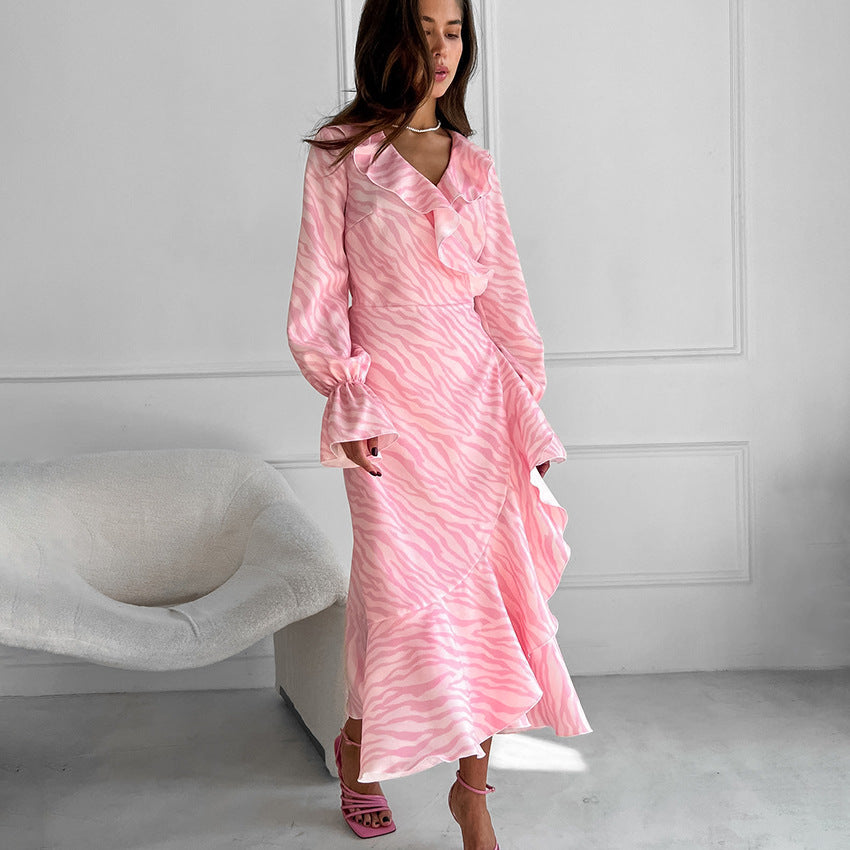 Pink Elegant Ruffled V Neck Flared Sleeves Lace Up Maxi Dress