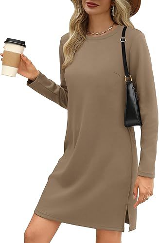 Round Neck Slit Hemline At Hem Sweater Long Sleeve Casual Dress